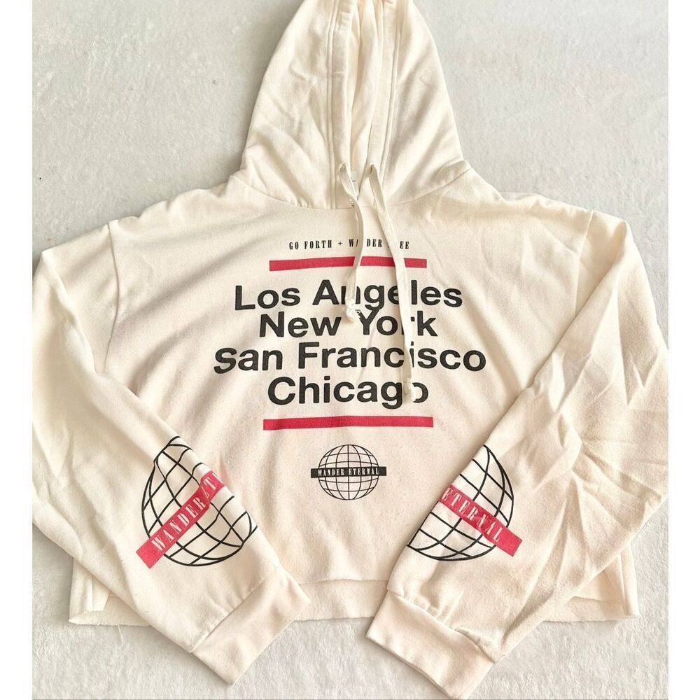 Mighty Fine Wander Eternal cropped raw hem sweatshirt city name graphic hoodie s - Picture 2 of 10